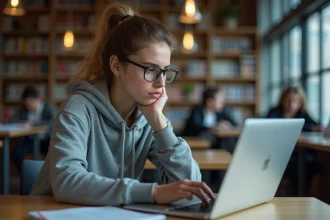 Étudiante frustrée devant un problème de connexion sur HYPERPLANNING dans une bibliothèque universitaire