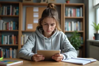 Étudiante révisant ses examens de comptabilité sur une application mobile depuis sa chambre d'étudiant
