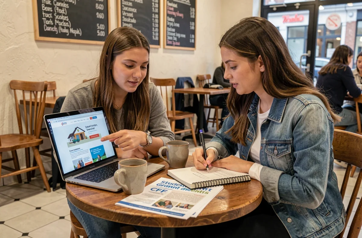 Deux étudiantes en design discutant des aides financières disponibles pour financer leur formation dans un café