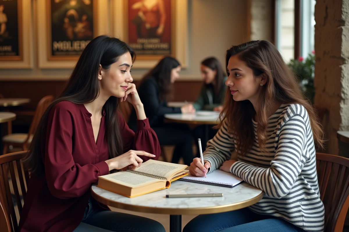 Deux étudiantes analysant des citations théâtrales ensemble dans un café pour préparer une dissertation
