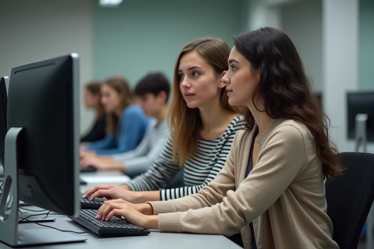 Deux étudiantes naviguant ensemble sur la plateforme Esterel Aix dans une salle informatique universitaire