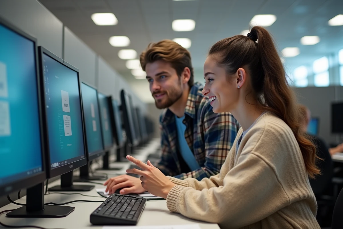 Deux étudiants s'aidant mutuellement pour la connexion au portail mycampus dans une salle informatique universitaire