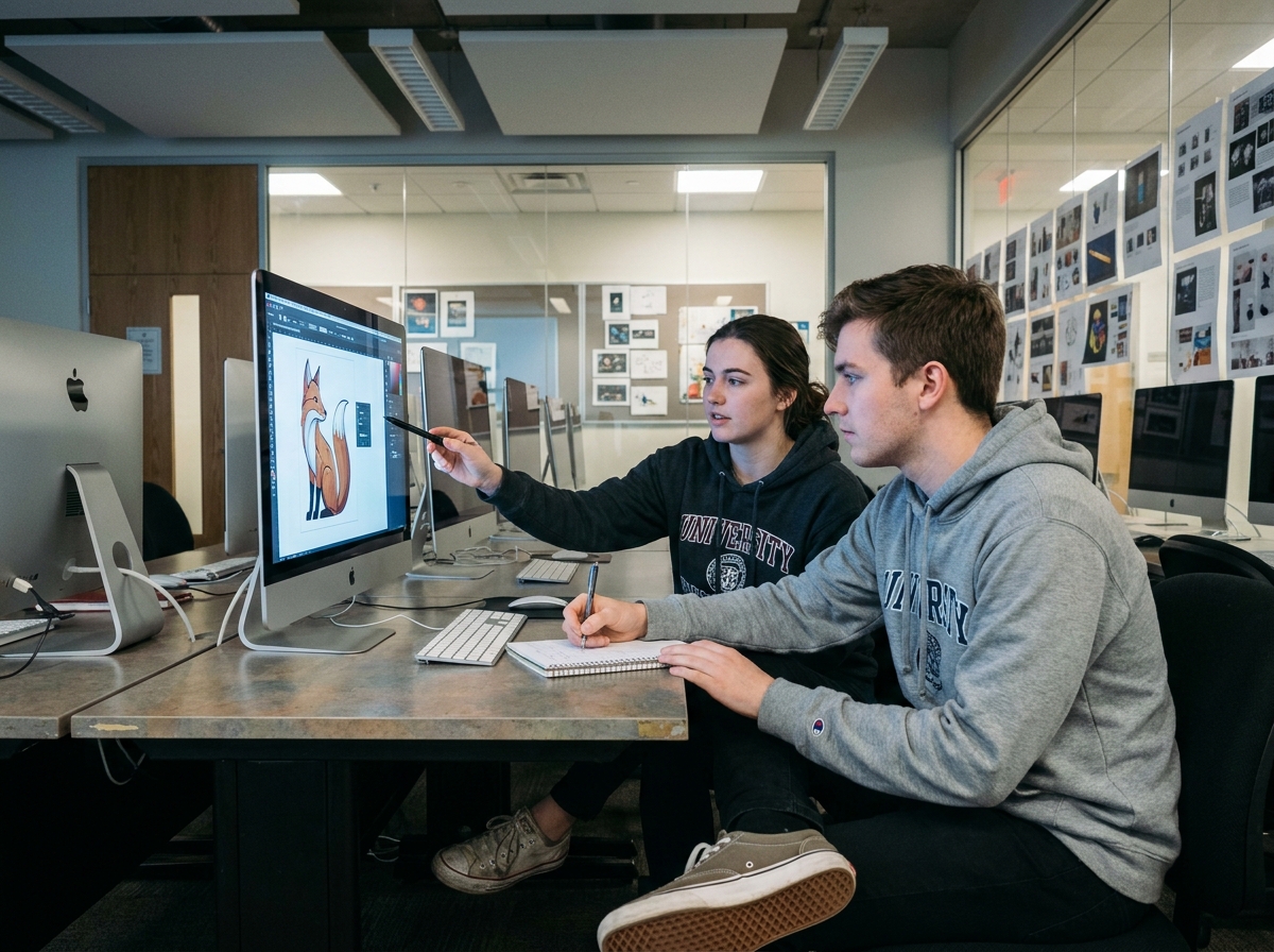Deux étudiants en arts numériques collaborant devant un écran dans un laboratoire informatique d'école artistique