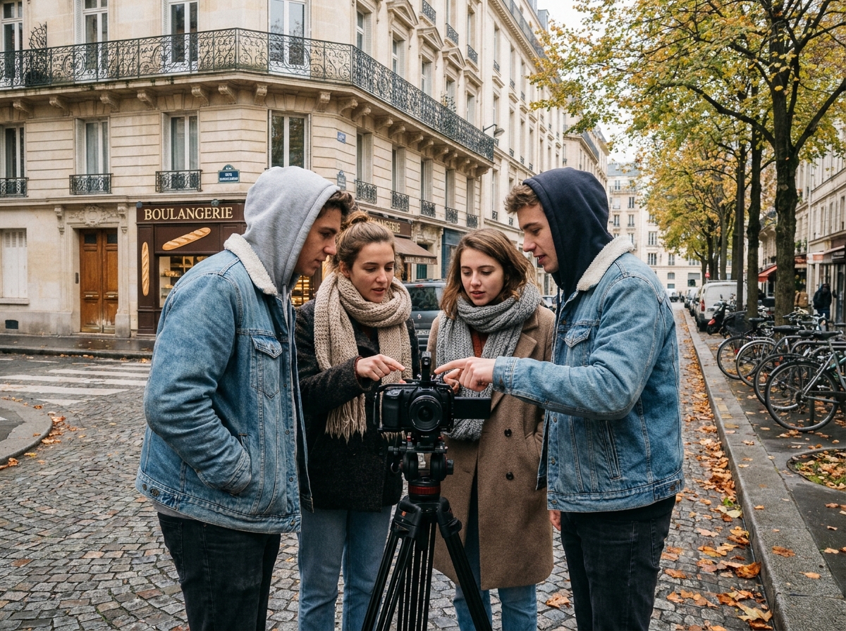 Groupe d'étudiants en cinéma tournant en extérieur dans une rue pavée d'une ville française