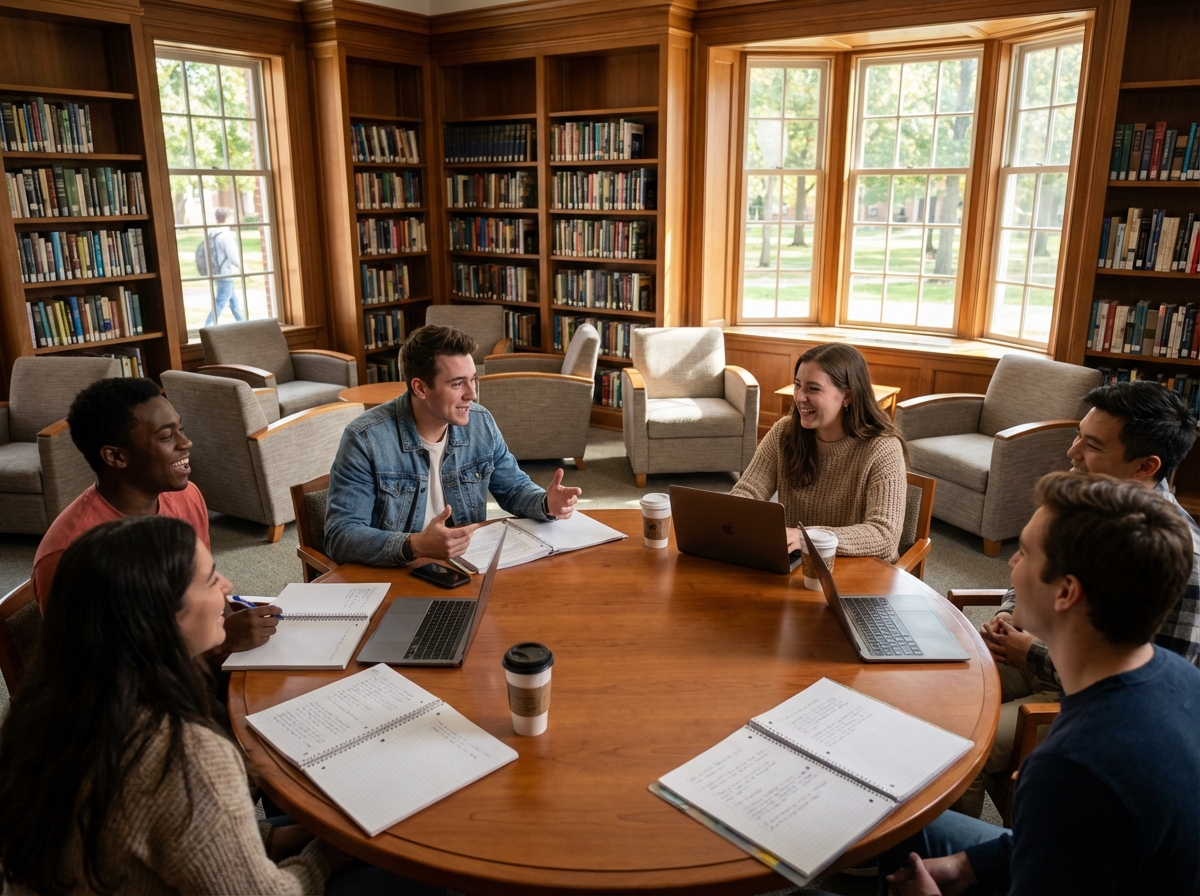 Groupe d etudiants en discussion dans une lounge moderne