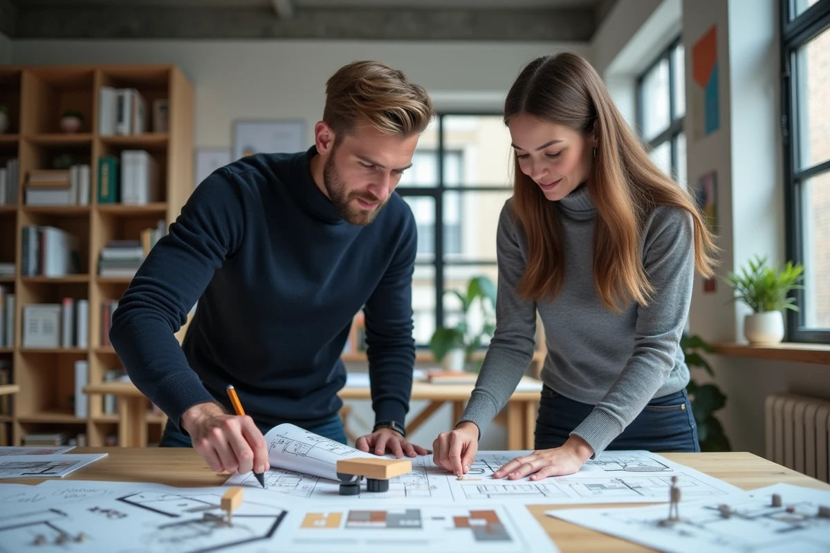 Deux étudiants en école de décoration collaborant sur des plans d'aménagement intérieur dans une salle de cours moderne
