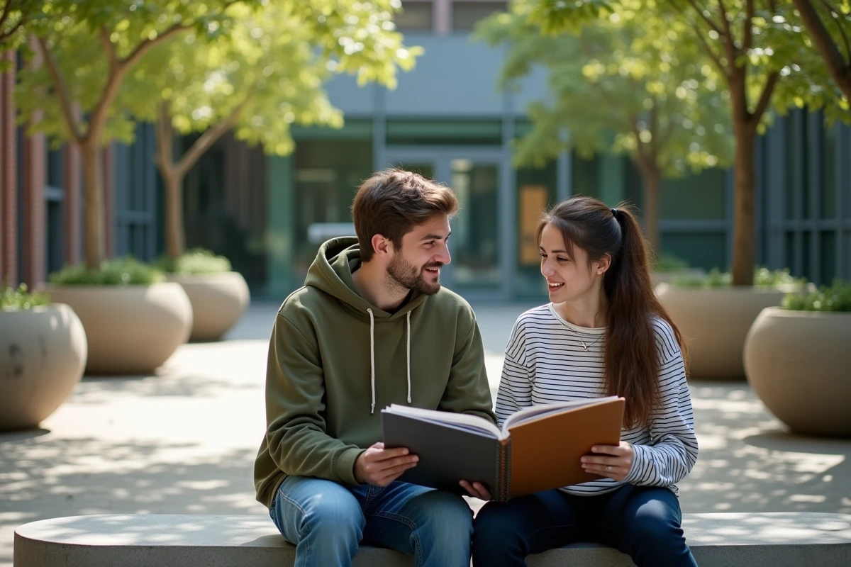 Deux étudiants de l'école Gobelins échangeant sur un portfolio dans la cour intérieure du campus
