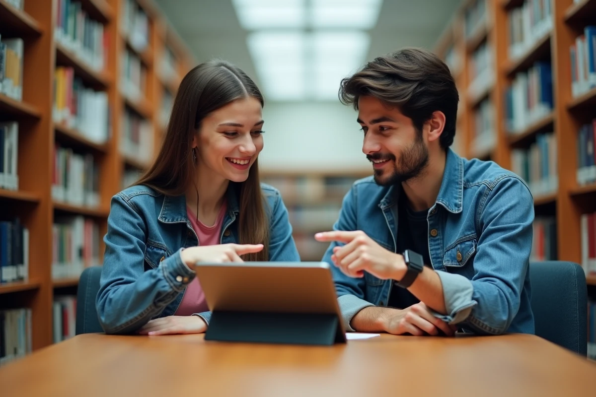 Deux étudiants révisant ensemble une application de préparation aux examens comptables à la bibliothèque universitaire