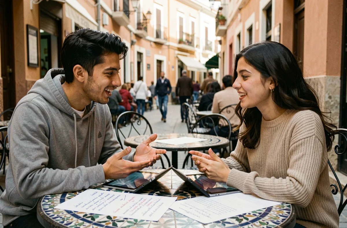 Deux étudiants marocains comparant des traductions darija-français sur tablette dans un café de la médina de Rabat