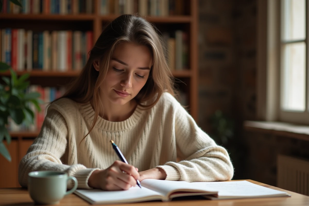 Jeune femme étudiant la conjugaison du verbe SER en espagnol dans un carnet, assise à un bureau en bois chaleureux