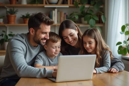 Famille de quatre autour d'un ordinateur &agrave; la maison