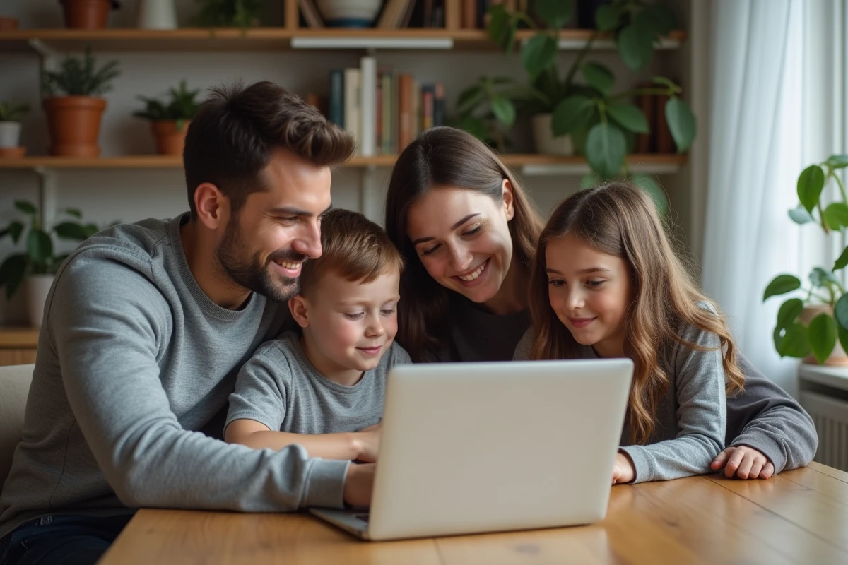 Famille de quatre autour d'un ordinateur à la maison