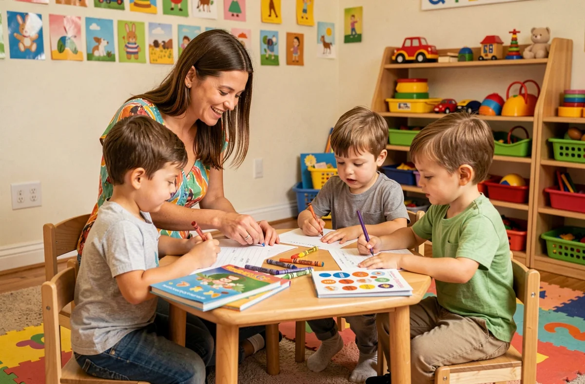 Animatrice Family Plus aidant des enfants à faire leurs devoirs dans une salle d'activités du Rhône