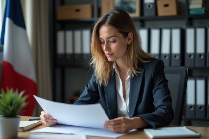 Femme française en costume examinant des documents dans un bureau