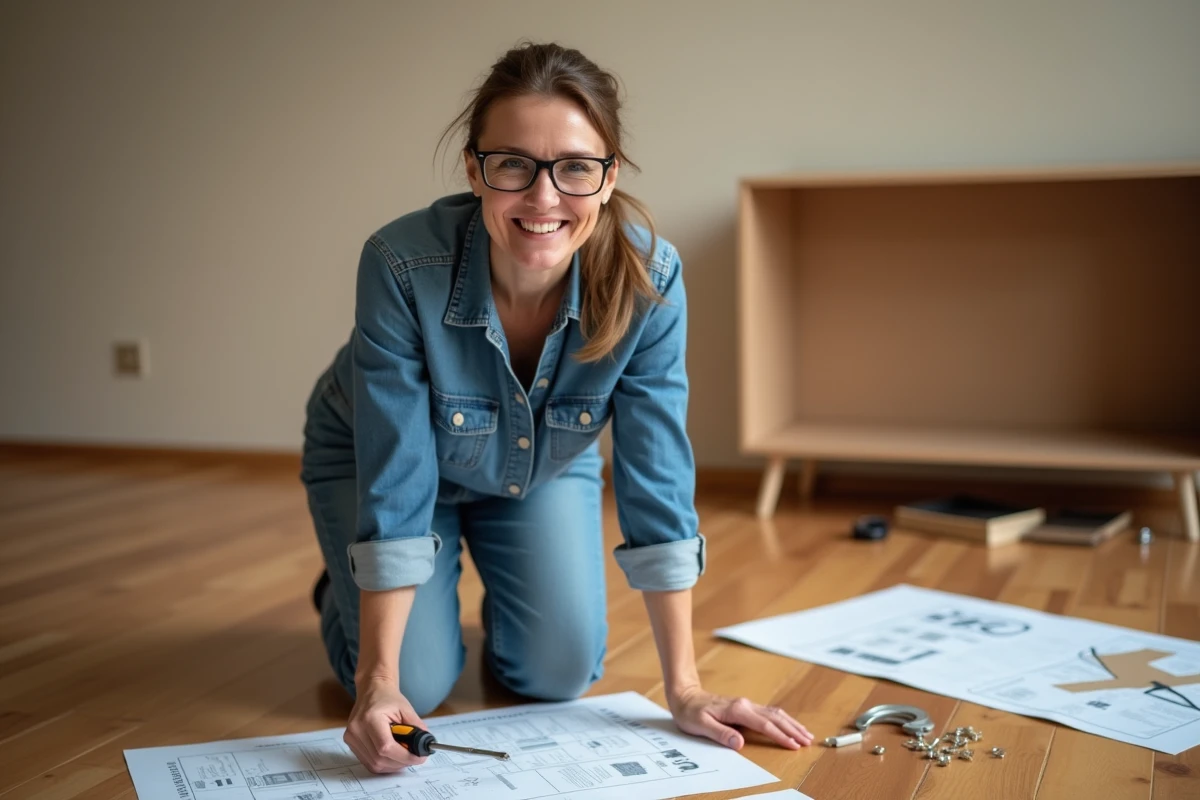 Femme assemblant des meubles en kit sur le parquet d'un salon, représentant une apprenante autonome après une formation bricolage pratique