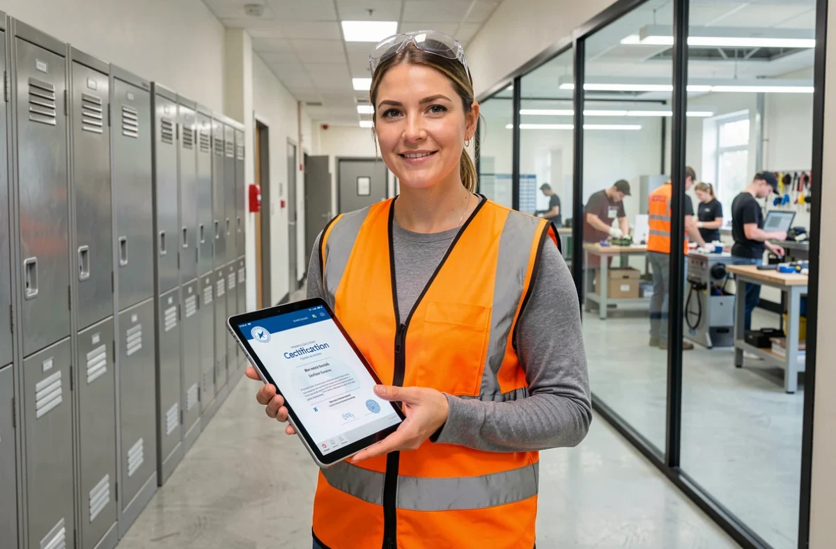 Femme professionnelle du secteur BTP consultant une certification de formation sur tablette dans un centre de formation
