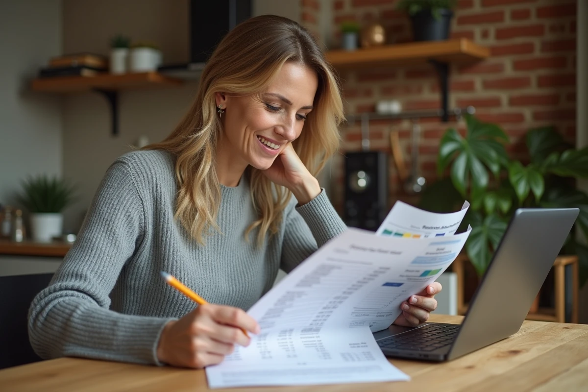 Femme consultant les tarifs et budgets d'une formation bricolage à domicile avec des documents imprimés et un ordinateur portable