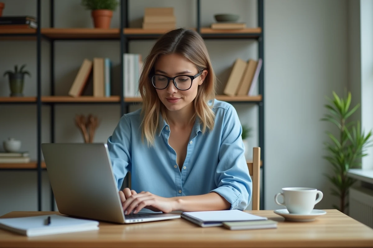 Femme assise à un bureau cosy travaillant sur un ordinateur portable