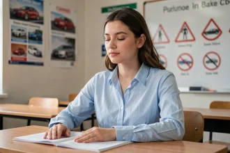 Jeune femme calme et concentrée pendant une question difficile de l'examen du permis de conduire