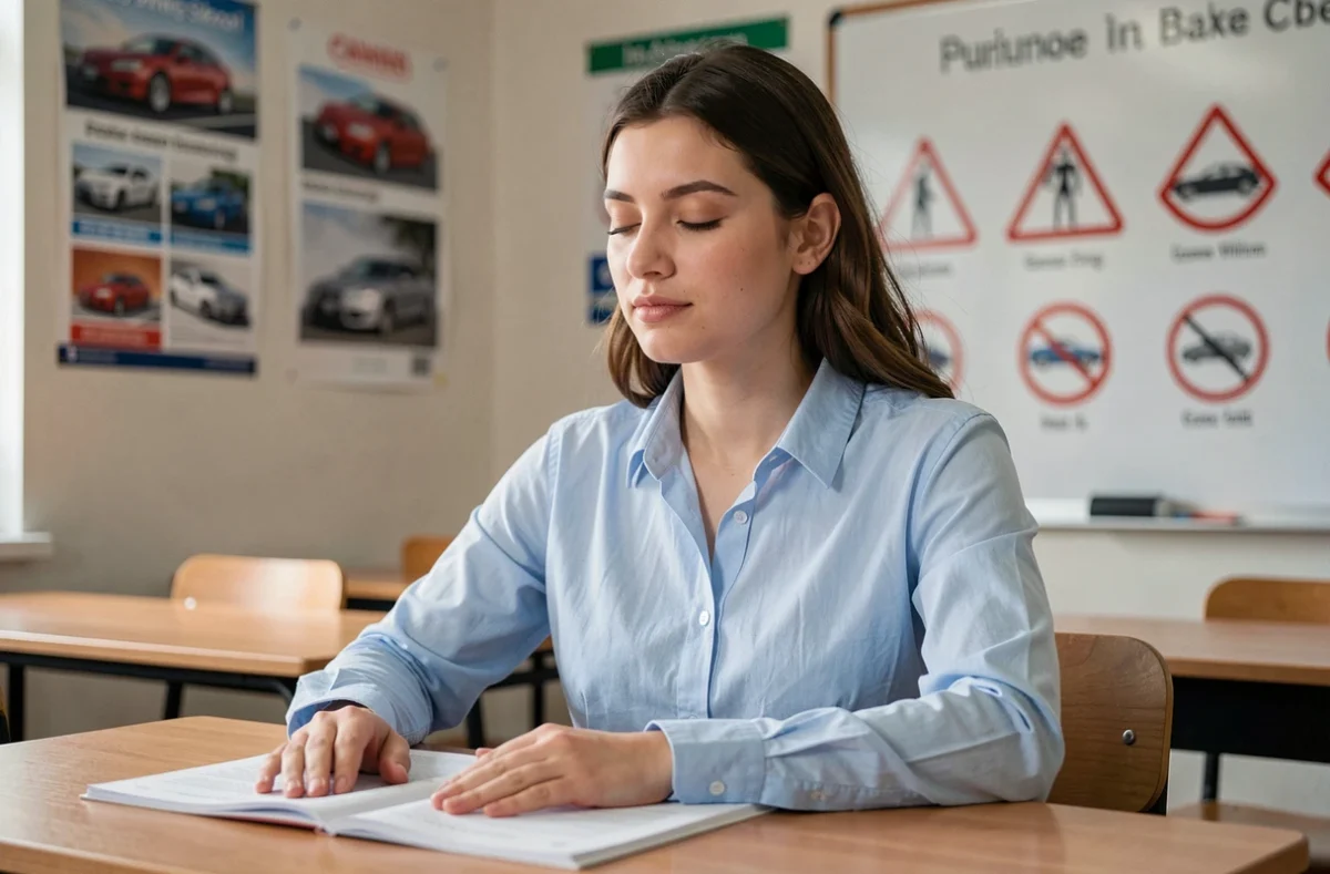 Jeune femme calme et concentrée pendant une question difficile de l'examen du permis de conduire