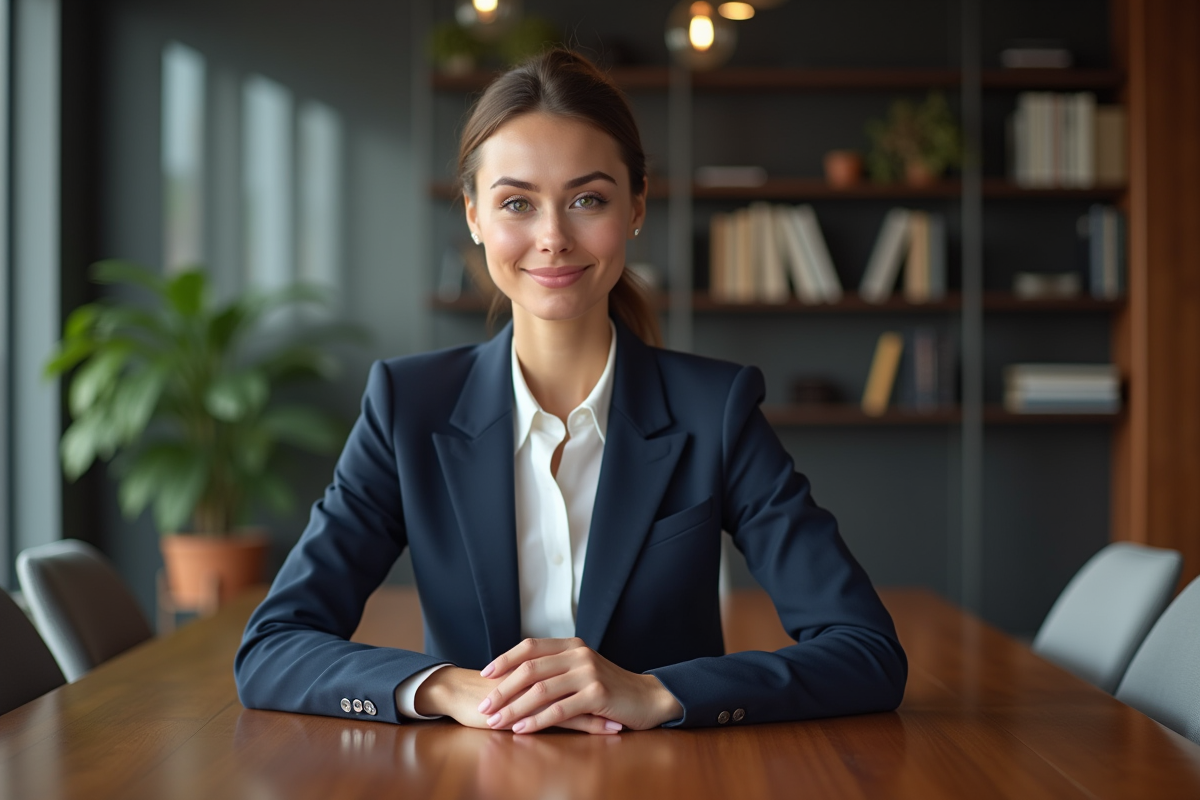 Femme confiante en réunion dans un bureau moderne