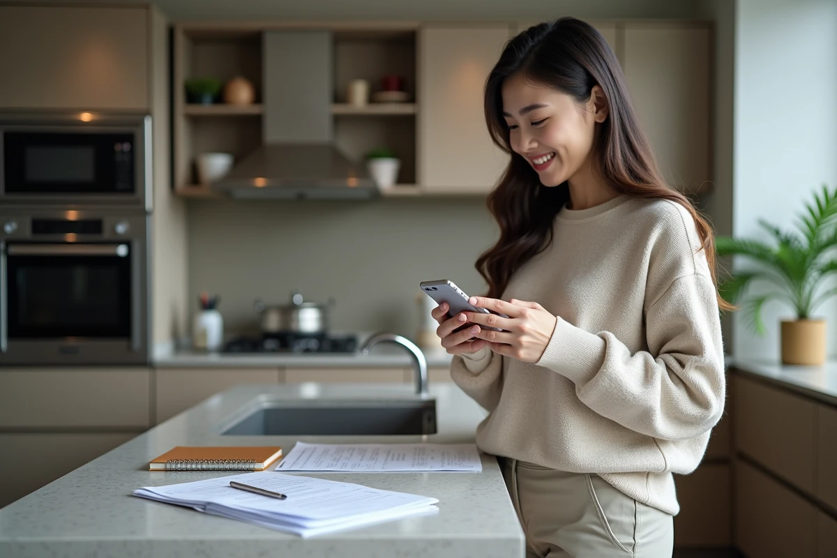 Femme souriante vérifiant ses chiffres CPF dans la cuisine moderne