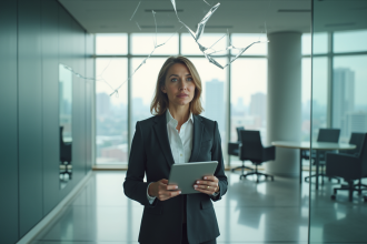 Femme d'affaires confiante devant un mur brisé