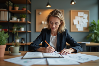 Femme d'âge moyen esquissant des diagrammes dans un bureau moderne