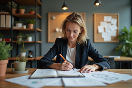 Femme d'âge moyen esquissant des diagrammes dans un bureau moderne
