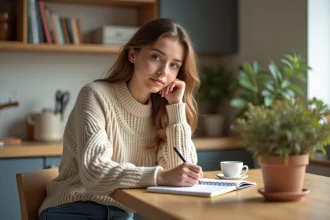 Jeune femme écrivant dans un carnet dans une cuisine lumineuse