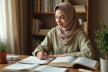 Jeune femme étudiant l'arabe coranique à son bureau avec des manuels et des notes manuscrites en écriture arabe