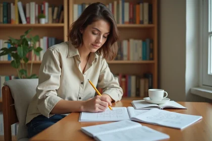 Femme adulte étudiant la conjugaison du verbe partir au présent dans un carnet de grammaire française posé sur un bureau en bois