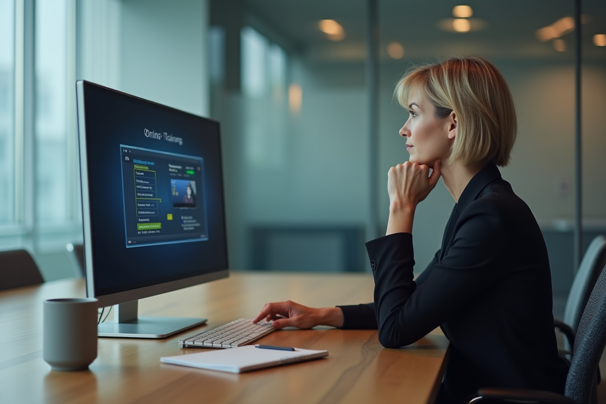 Femme d affaires en visioconference dans une salle de réunion