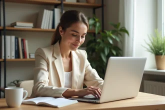 Femme professionnelle suivant un MOOC sur son ordinateur portable dans un bureau moderne, prenant des notes manuscrites pour préparer sa certification LVMH