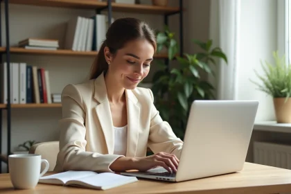 Femme professionnelle suivant un MOOC sur son ordinateur portable dans un bureau moderne, prenant des notes manuscrites pour préparer sa certification LVMH