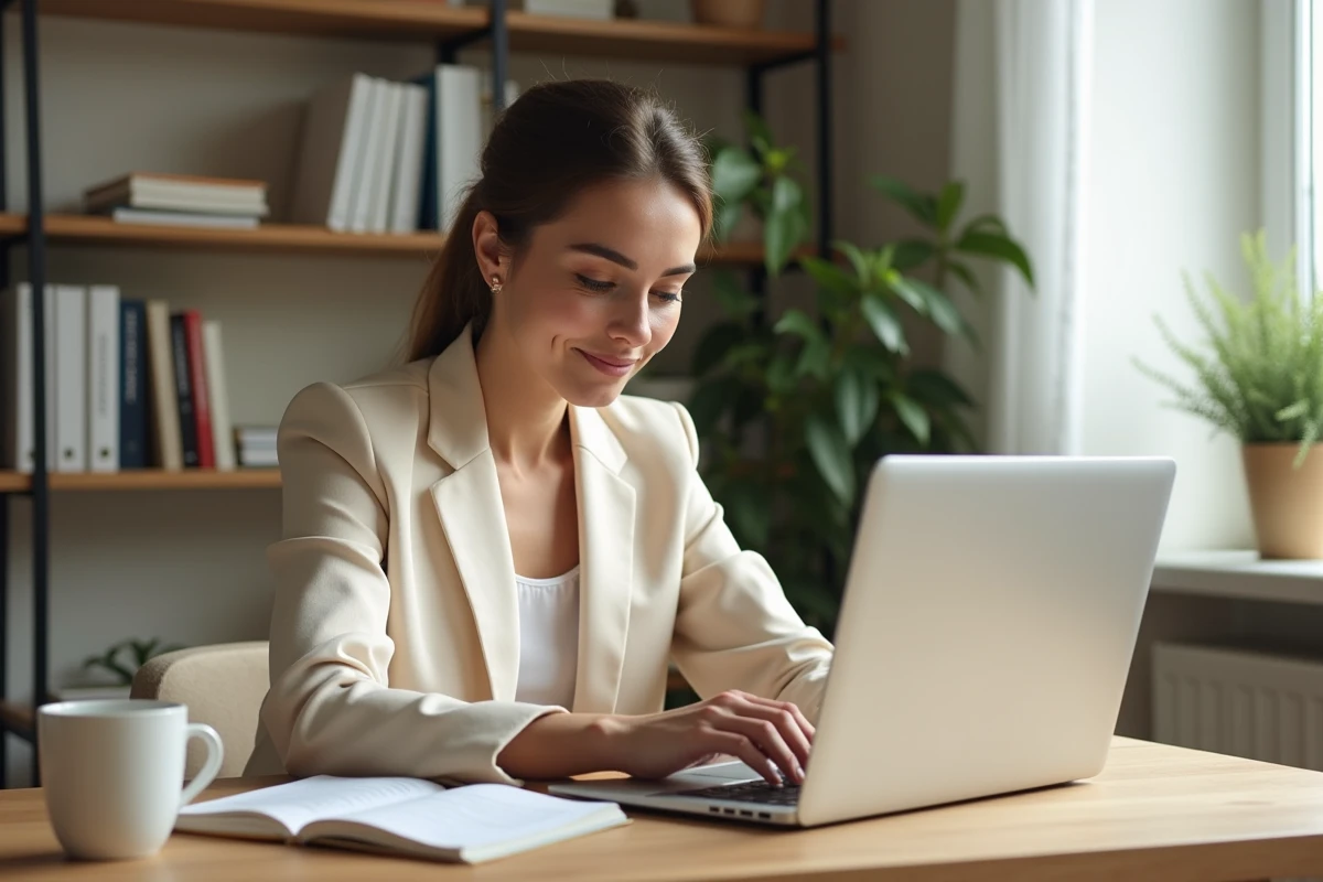 Femme professionnelle suivant un MOOC sur son ordinateur portable dans un bureau moderne, prenant des notes manuscrites pour préparer sa certification LVMH