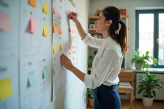 Jeune femme organisée planifiant avec notes colorées