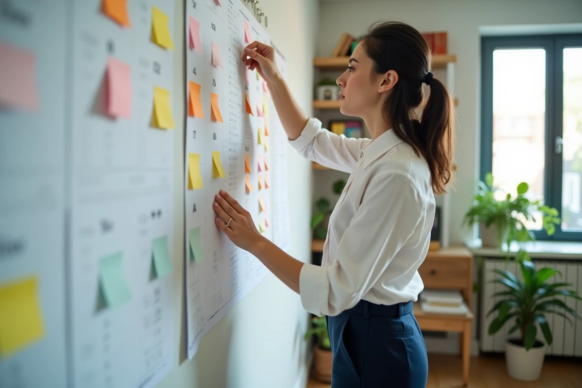 Jeune femme organisée planifiant avec notes colorées