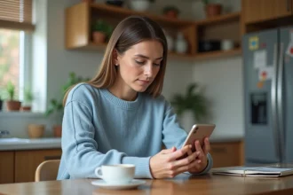 Femme regardant une application scolaire sur son smartphone dans la cuisine