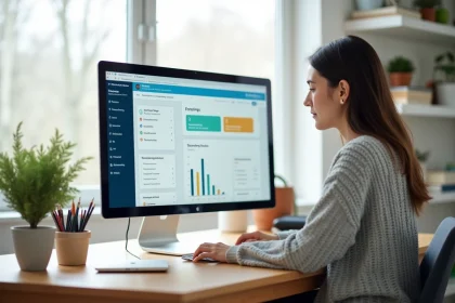 Jeune femme utilisant un portail éducatif sur un PC de bureau avec un grand écran optimisé pour l'affichage web
