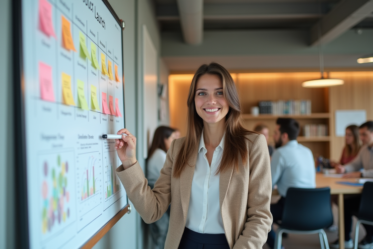 Jeune femme en présentation avec tableau de lancement de produit