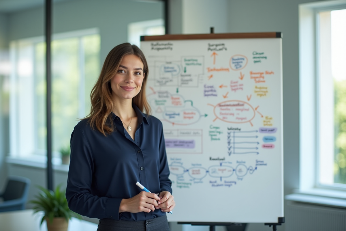 Jeune femme devant un tableau blanc avec diagrammes colorés