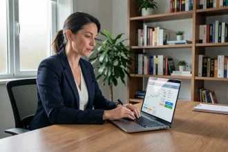 Femme professionnelle analysant les prix d'une formation en ligne sur son ordinateur portable dans un bureau moderne
