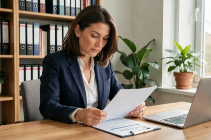 Femme en reconversion professionnelle consultant des documents CPF à son bureau à domicile