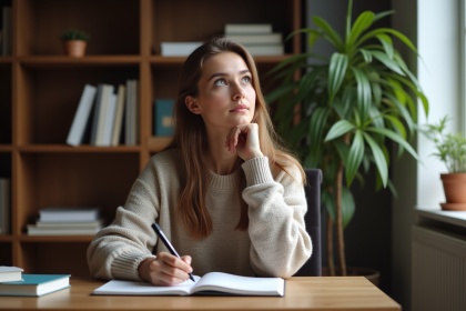 Jeune femme pensant dans son bureau &agrave; domicile