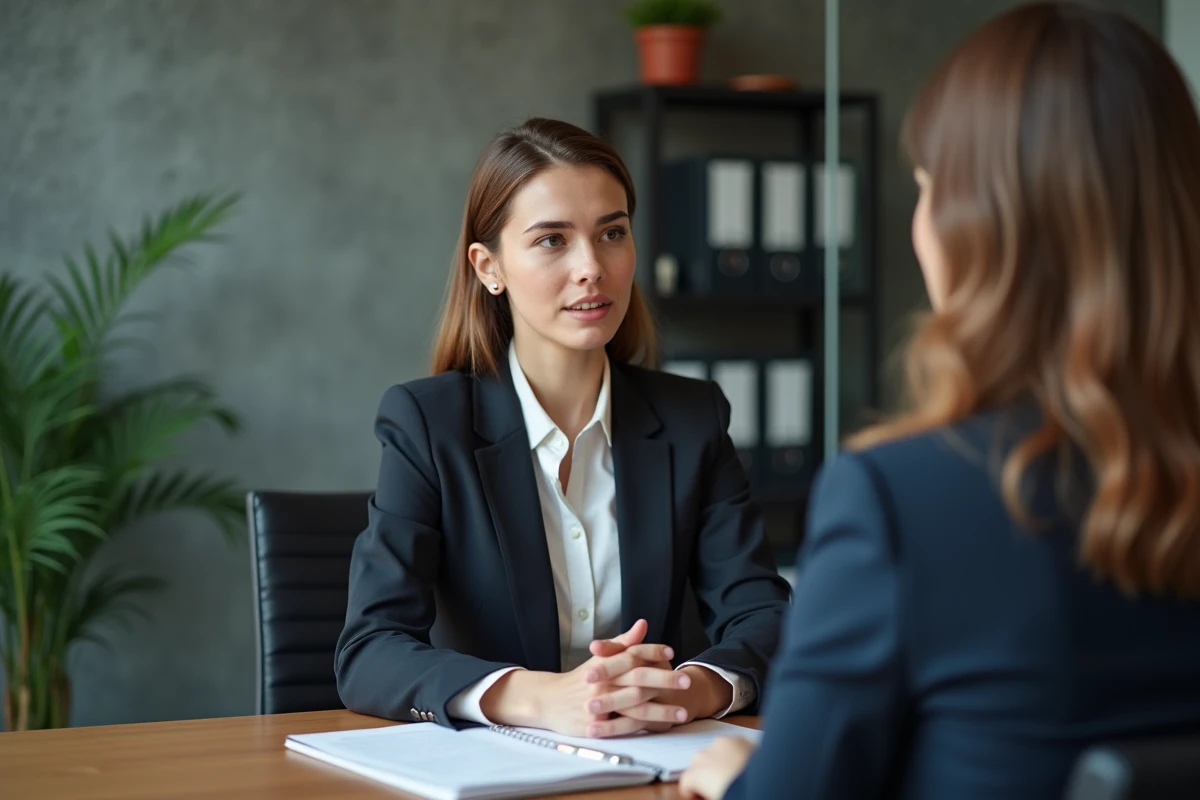 Femme en costume parlant à un responsable RH dans une salle de réunion