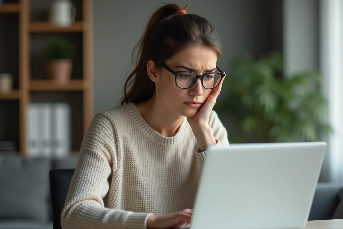 Femme en télétravail frustrée devant son ordinateur