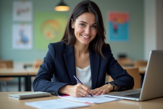 Femme en blazer bleu remplissant des formulaires d'aide financière