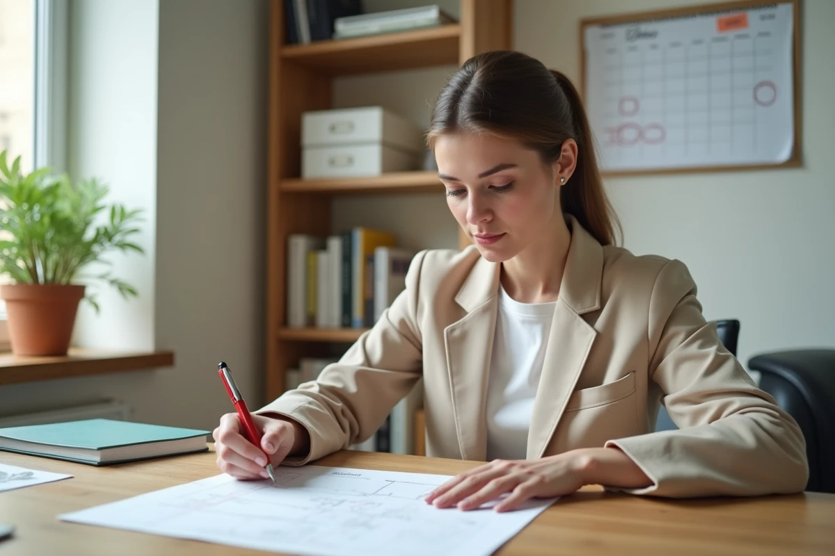Jeune femme vérifiant les délais de candidature sur un calendrier avec un formulaire signé sur son bureau