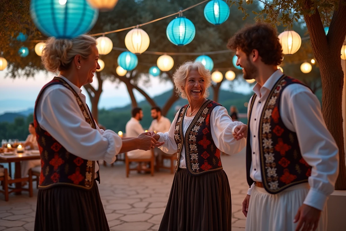 Femmes et jeune homme en costumes traditionnels grecques dansant dehors